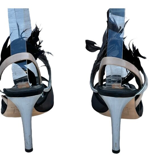 Reed Krakoff Black Mesh & Silver Leather Heels W/ Feathers Size 6.5 EU Size 37.5 - Picture 4 of 15